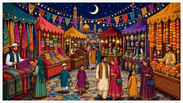 Festive Eid Bazaar Market With Colorful Stalls Cartoon Vector