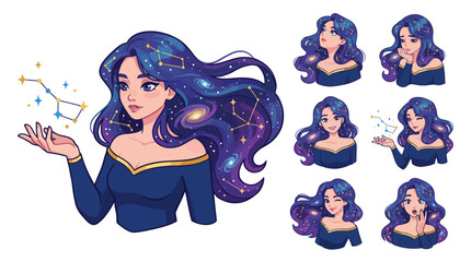 A captivating image of a woman with flowing galaxy-themed hair interacting with constellations, showcasing emotions and creativity through cosmic and celestial elements. © uki