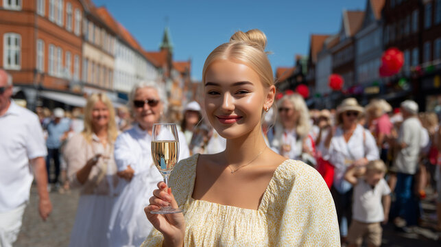 Woman enjoying Ribe Wine Festival with a glass of wine in a lively street scene