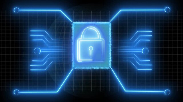 Neon blue padlock on digital grid background security. Neon blue padlock icon for privacy and safety. Neon blue padlock animation for encryption system.