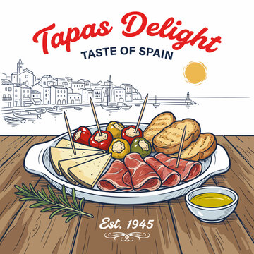 An inviting tapas platter is presented, featuring a variety of traditional Spanish dishes, perfect for enjoying with friends in a picturesque setting.