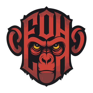 Red monkey face with stylized text primate animal