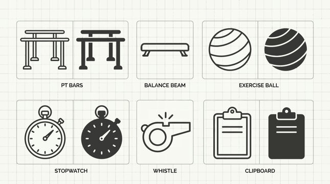 Fitness Equipment Vector Graphic with Pt Bars Exercise Ball and Clipboard