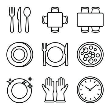 Table setting and kitchenware icons: dining and cleaning essentials with utensils cleaning illustration collection