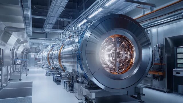 Advanced particle accelerator facility featuring massive cylindrical components generating light for scientific research and cutting edge experimentation in a modern laboratory environment
