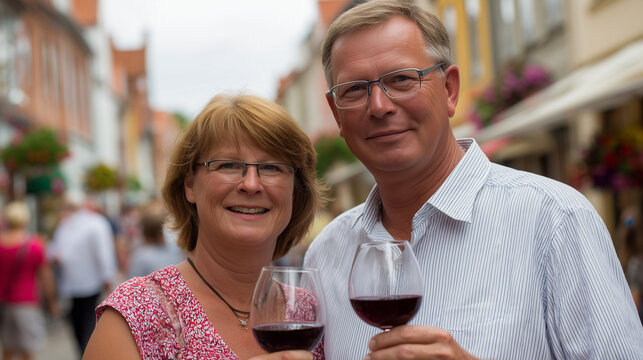 Couple enjoying wine glasses at the Ribe Wine Festival street event