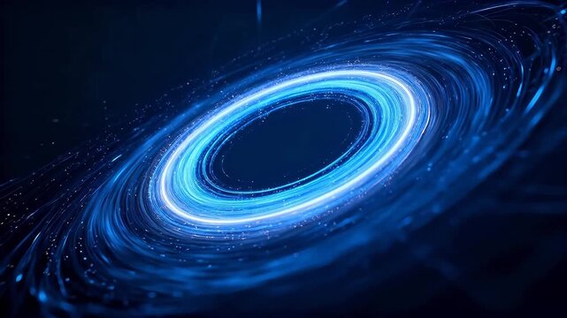 Blue spiral vortex with spinning light trails and particles in deep space