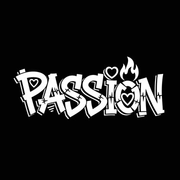 Passionate word art with hearts and flames.