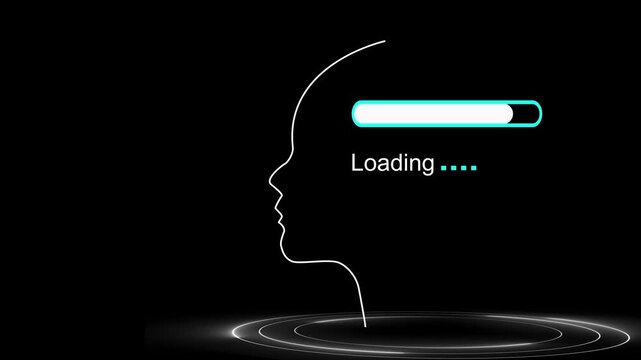 Human head outline with loading bar and border. Human head for AI processing and thinking. Human head animation for digital data upload.