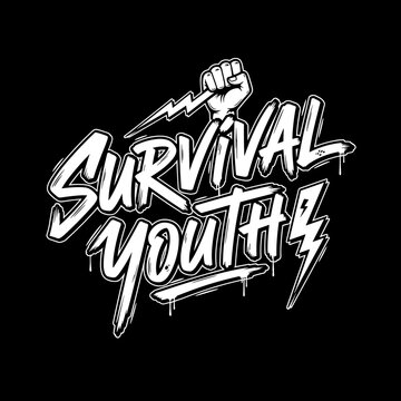 Survival Youth Bold Text Design with Fist and Lightning Bolt.