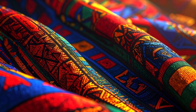 Colorful woven fabric rolls with intricate ethnic patterns in textile workshop