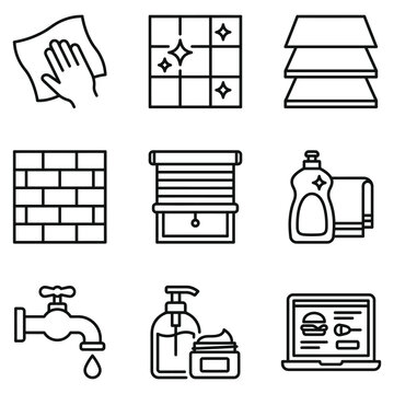 Home cleaning and maintenance icons: hygiene and household supplies with cleaning sanitation household supplies