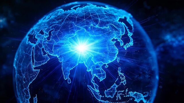 Digital earth globe with blue glowing network lines on deep space background