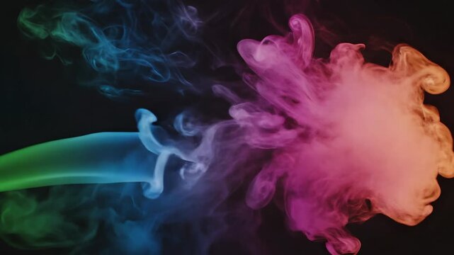 Asap Abstrak Biru Magenta. Gambar menampilkan kepulan asap abstrak berwarna biru, ungu, dan magenta yang membentuk pola lembut dan artistik di atas latar belakang hitam, cocok untuk kebutuhan desain m