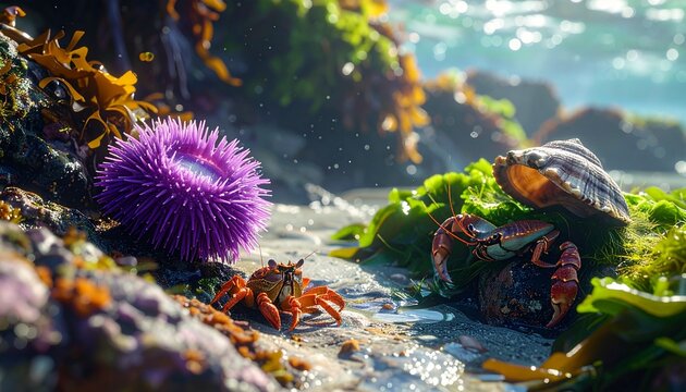 Sea urchins and starfish on rocky ocean seabed with algae and coral