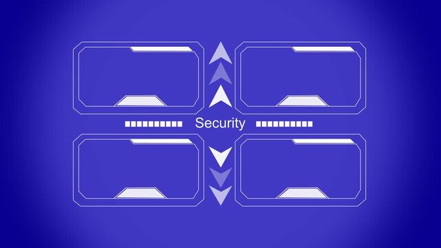 Blue futuristic security HUD interface with panels. Blue futuristic security for cyber data protection. Blue futuristic security animation for firewall.