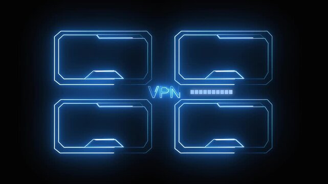 Neon blue HUD panels with VPN loading bar. Neon blue HUD for virtual private network. Neon blue HUD animation for secure connection.