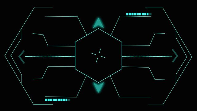 Futuristic HUD targeting system with hexagon and arrows. Futuristic HUD for aim and focus tracking. Futuristic HUD animation for sci-fi gaming.