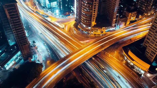 Elevated night view of a complex urban highway interchange with layered overpasses and dynamic light trails from speeding vehicles in a modern downtown cityscape