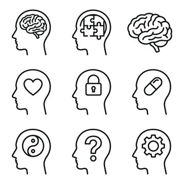 Collection of mental health and psychology icons with yin yang question mark psychology thinking consciousness