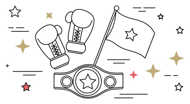 illustration of boxing gloves, championship belt, and flags symbolizing victory and competition in boxing, conceptual sports ranking achievement, champion success, tournament prize, athletic honor