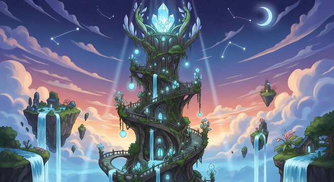 Fantasy tree tower castle with waterfalls