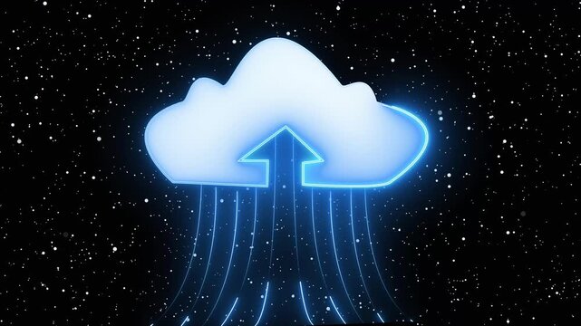 Blue neon cloud icon with upload arrow. Blue neon cloud for digital data storage. Blue neon cloud animation for web server sync.