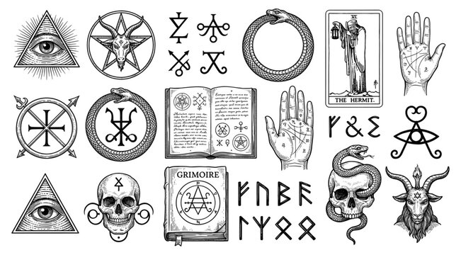 Occult grimoire set with pentagram skull baphomet eye hand tarot card