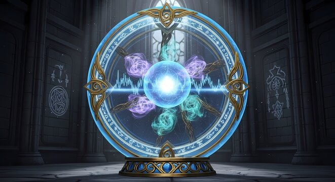 Crystal orb with magical energy and symbols