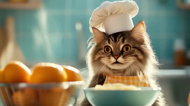 Fluffy longhair cat wearing a white chef hat and yellow checkered apron sitting in a sunlit kitchen.