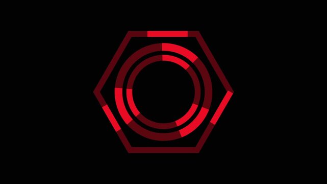 Red hexagonal geometric shape with concentric circles. Red hexagonal shape for technology target symbol. Red hexagonal shape animation for UI element.