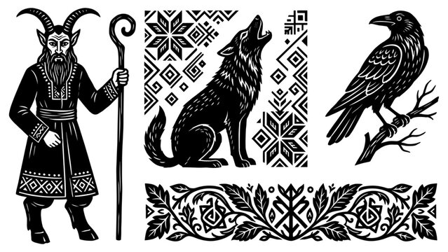 Slavic pagan set with horned shaman howling wolf raven pattern