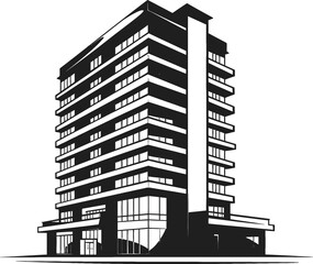 Modern multi-story office building or apartment block illustration in bold black and white style © iankmuin