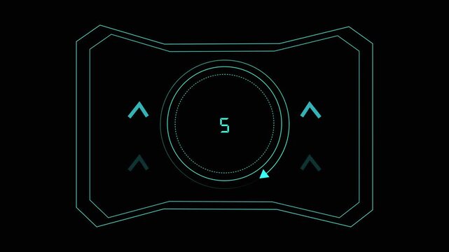 Futuristic HUD interface with circular dial and arrows. Futuristic HUD for system control and tuning. Futuristic HUD animation for sci-fi cockpit.