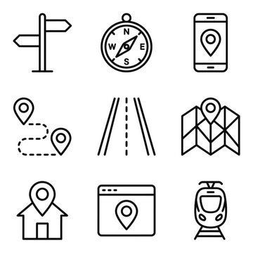 Collection of navigation and travel icons with navigation location direction signpost destination illustration