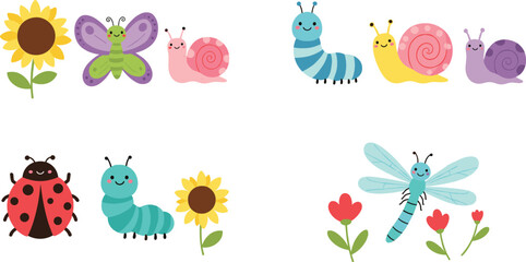 Cute Cartoon Garden Insect and Flower Collection with Butterflies Snails Caterpillars Ladybugs and Dragonflies Vector Set © It's Marja