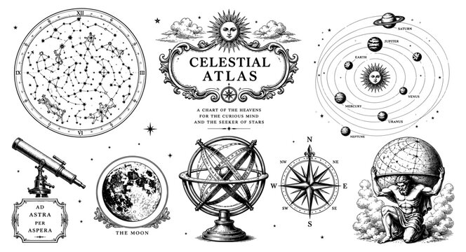 Celestial atlas set with solar system telescope moon compass