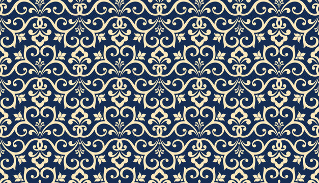 Floral pattern. Seamless vector background. Vintage wallpaper in the Baroque style. Golden and blue ornament for fabric, wallpaper, packaging. Ornate Damask flower illustration