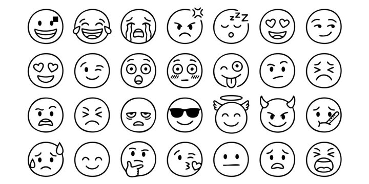 A collection of various emoticon faces are illustrated on a white background.