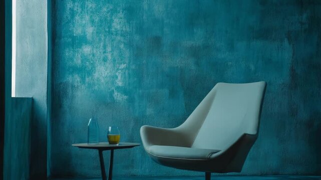 Elegant modern armchair sitting by a small table with a glass and bottle on a textured blue wall, sun creating diagonal shadow lines, conveying calm and solitude