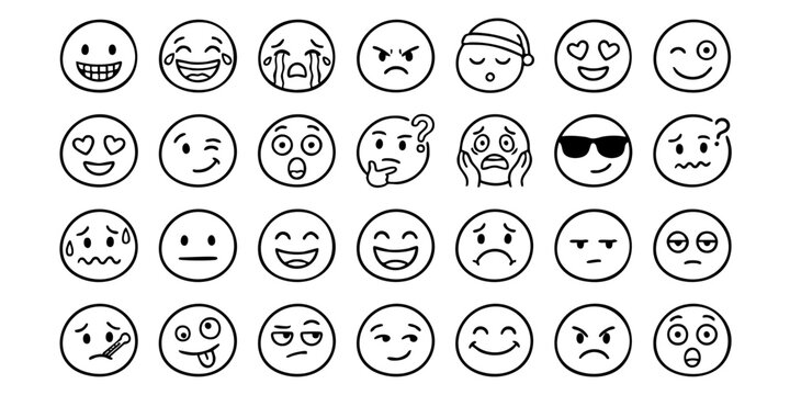 A collection of various emoticon faces expressions displayed in rows on a plain surface.