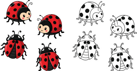 Cute cartoon ladybug illustration set with colored and outline spotted beetle characters for kids design projects © It's Marja