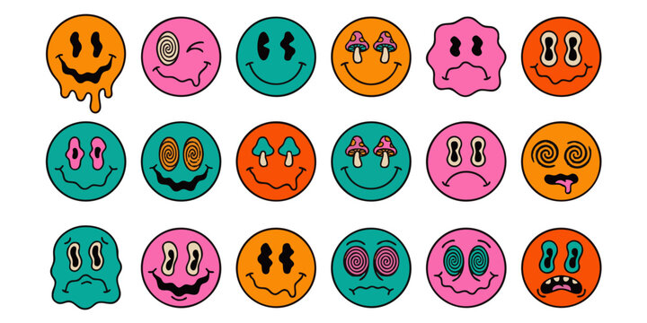 A collection of colorful emoticon faces expressing various emotions on a white background