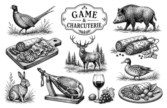 Game charcuterie set with deer boar pheasant rabbit salami ham