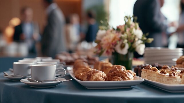 Elegant Coffee Break Setup at Business Event. A soft blur of a breakfast event where professionals network over morning coffee. High quality