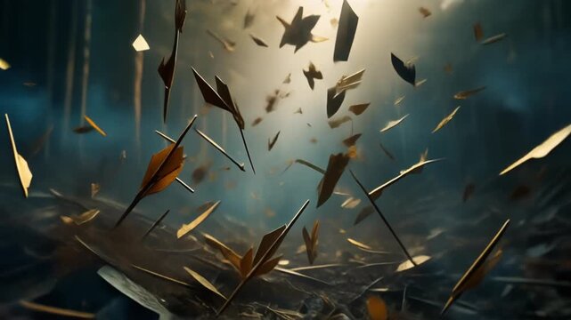 Arrows and missiles are flying through the dark cloudy battlefield scene