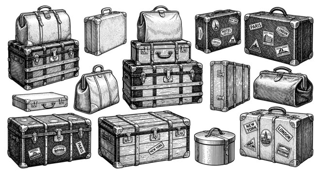 Luggage suitcase set trunk vintage travel leather bag hat box sticker