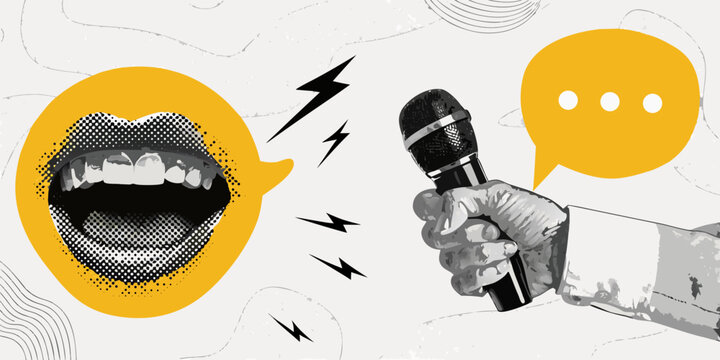 hand holding microphone with open mouth and speech bubble illustration