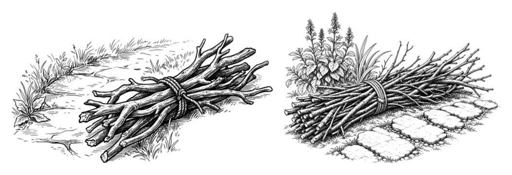Firewood faggot bundle with vintage stick twig branch grass path