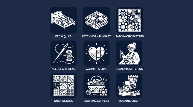 Quilting Illustration of Patchwork Grandma Stitching and Crafting Supplies